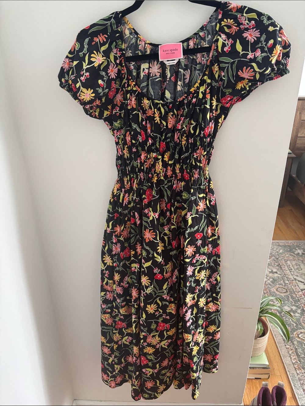 kate spade Black Floral Midi Dress with Pink, Yellow and Green Accents
